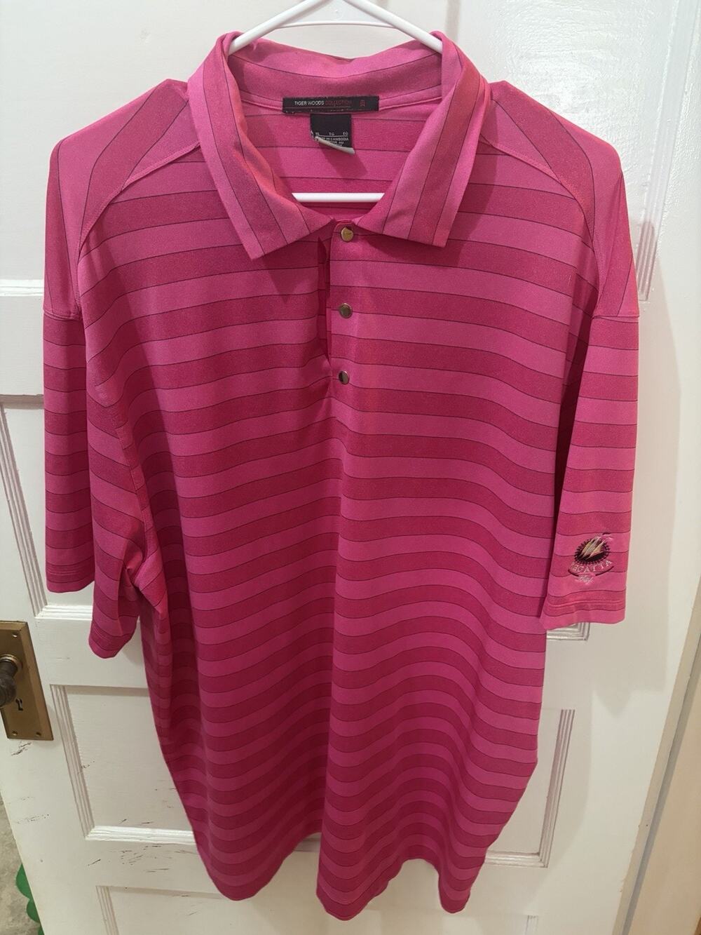 Nike Tiger Woods Collection Pink Striped Dri-FIT Golf Polo Shirt Mens XL Regatta